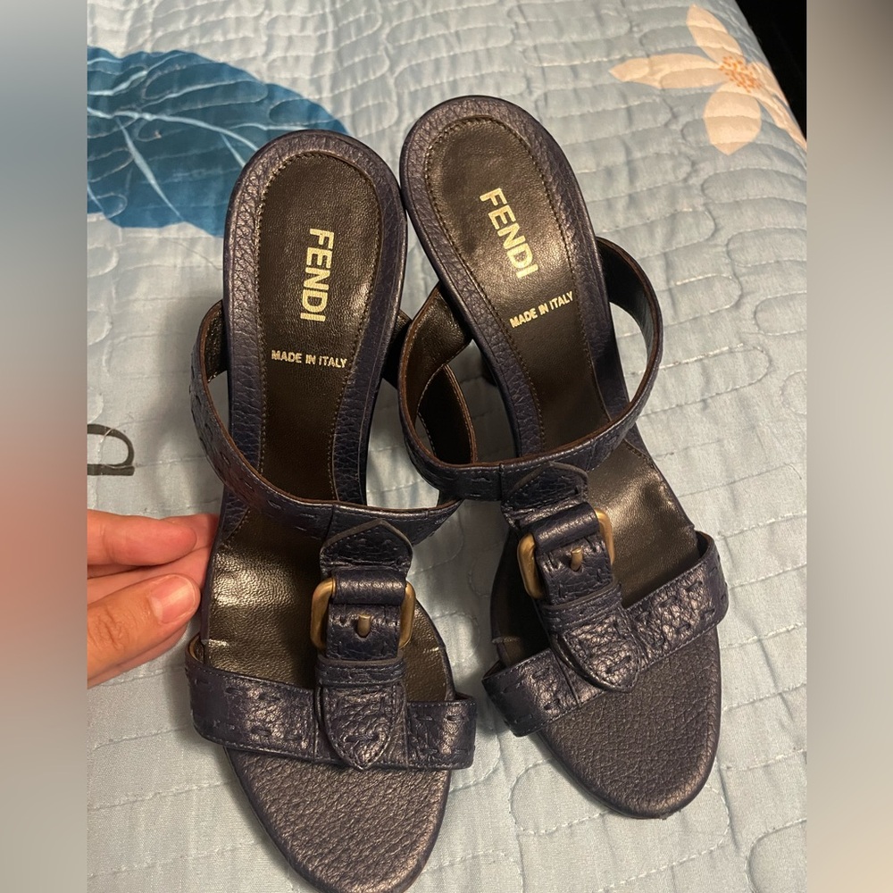 Fendi Women's Dark Blue Leather Sandals